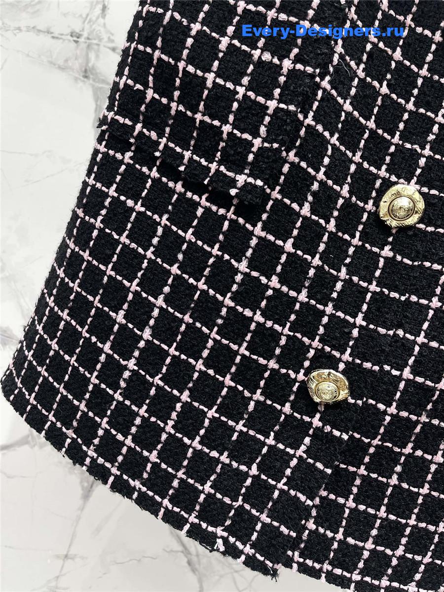 Balmain Paris Black Plaid Tweed Midi Skirt