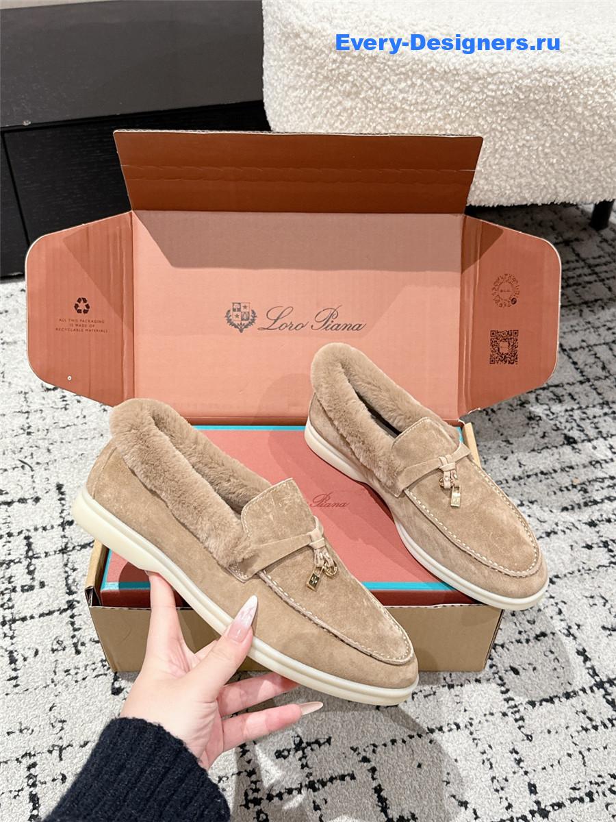 L0r0 P1ana beige shearling-trim suede loafers