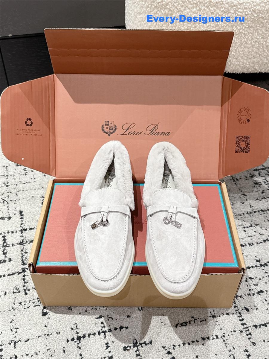 L0r0 P1ana light gray shearling-trim suede loafers