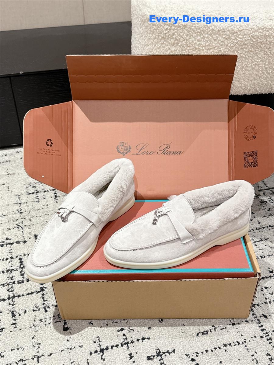 L0r0 P1ana light gray shearling-trim suede loafers