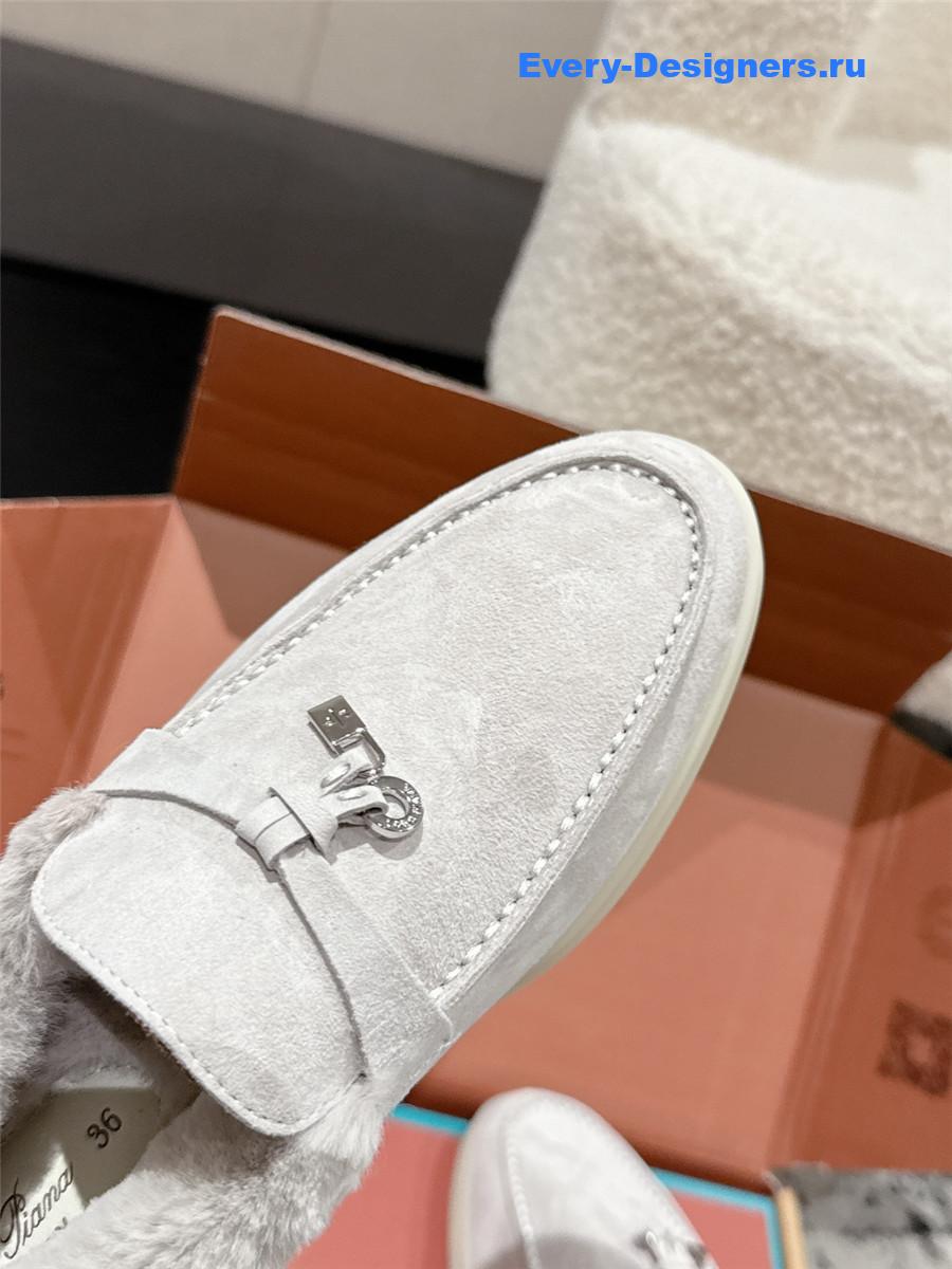 L0r0 P1ana light gray shearling-trim suede loafers
